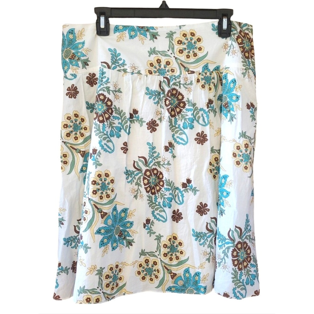 DMBM Women's White Brown Teal Cotton Floral Cottagecore Midi Skirt Large